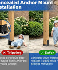 Heavy Duty 6X6 Post Base Featuring Concealed Fasteners For Smooth Kid Friendly Decks With Elevated Concrete Anchoring Support, installed with kid safety in mind.