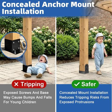 Heavy Duty 6X6 Post Base Featuring Concealed Fasteners For Smooth Kid Friendly Decks With Elevated Concrete Anchoring Support, installed with kid safety in mind.