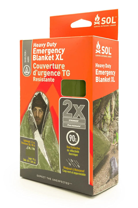 Packaging of SOL Heavy Duty Emergency Blanket XL showing rugged design, 90% heat reflective, waterproof, windproof material.