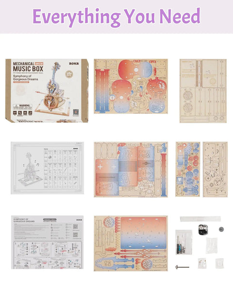 Dope 3D Wooden Cello Puzzle Model Kit With Mechanical Music Box And UV Gradient Finish For Adults, DIY Gift For Him Or Her, Gear Drive Cello Playing The Blue Danube, Unique Home Decor And Hobby Set. Box and wooden puzzle pieces