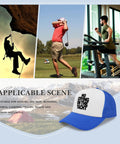 Collage of outdoor activities and 'No Crying on the Yacht' royal blue cap, showcasing various lifestyle uses.