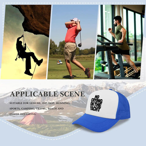 Collage of outdoor activities and 'No Crying on the Yacht' royal blue cap, showcasing various lifestyle uses.