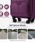 Purple Underseat Carry On Luggage with 360° spinner wheels, 16 inch softside roller bag, TSA lock, 30L capacity, 6 lb, detailed view.