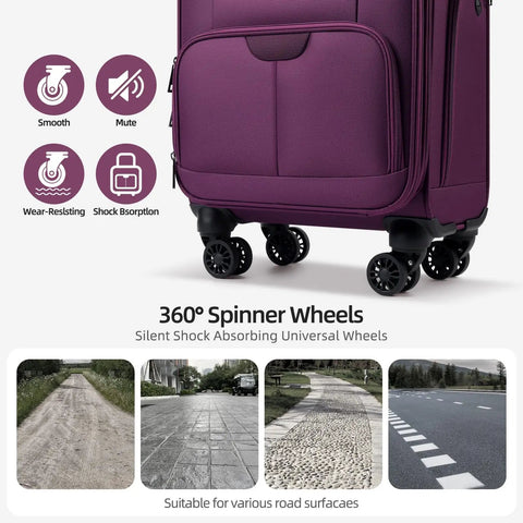 Purple Underseat Carry On Luggage with 360° spinner wheels, 16 inch softside roller bag, TSA lock, 30L capacity, 6 lb, detailed view.