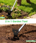 2 In 1 Weed Puller And Garden Hoe With Adjustable Long Handle For Standing Uprooting in flower bed and soil loosening scene.