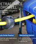 Retractable Extension Cord Reel With 50 Foot 16 AWG Cable, highlighting auto guide rewind and ratcheting system in use