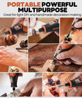 Cordless 4V Rotary Tool Kit With All In One 64 Piece Accessory Set 2500mAh LiIon Battery Five Speed Dial in use on various DIY crafts