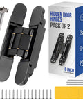 Slick Hidden Door Hinges Pack Of 2, 6 Inch Concealed Zinc Alloy Butt Hinges In Black, silent, 180 degree swing, 3 way adjustable.