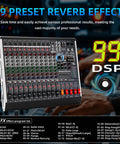 12 Channel Audio Mixer for Live DJing and Studio Use, 99 DSP Effects and 7 Band EQ, Digital DJ Console with USB Bluetooth shown with DSP list.