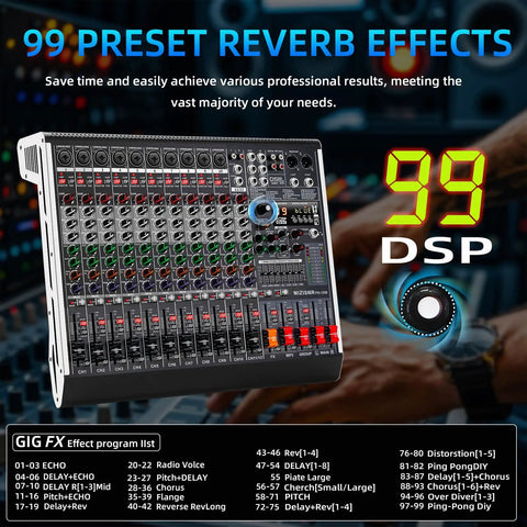 12 Channel Audio Mixer for Live DJing and Studio Use, 99 DSP Effects and 7 Band EQ, Digital DJ Console with USB Bluetooth shown with DSP list.