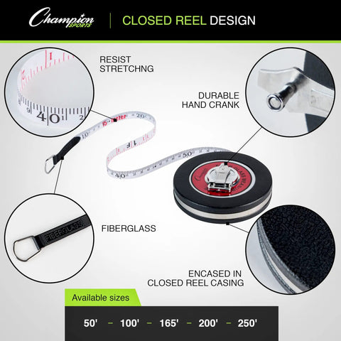 Closed Reel Tape Measure 100 Ft 30 M Hand Crank Dual Sided Feet And Meters Long Measuring Tape with features highlighted