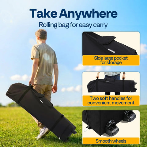 Man carrying roller bag for 10x10ft Pop Up Screen Tent With Mosquito Netting And Two Zipper Doors Outdoor Canopy