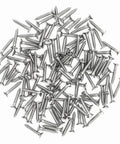 Front view of a pile of stainless steel Phillips-head wood screws