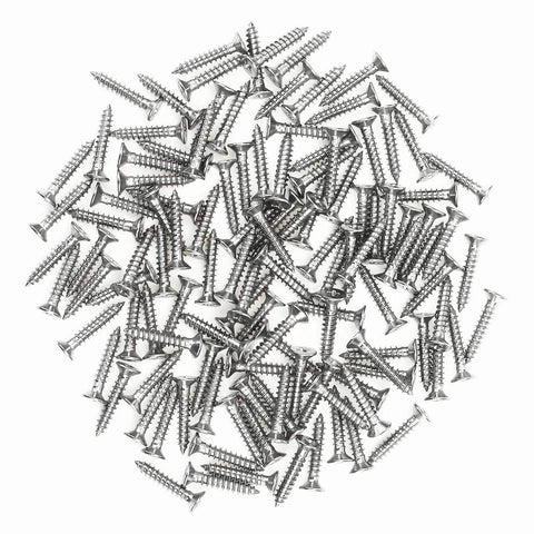 Front view of a pile of stainless steel Phillips-head wood screws