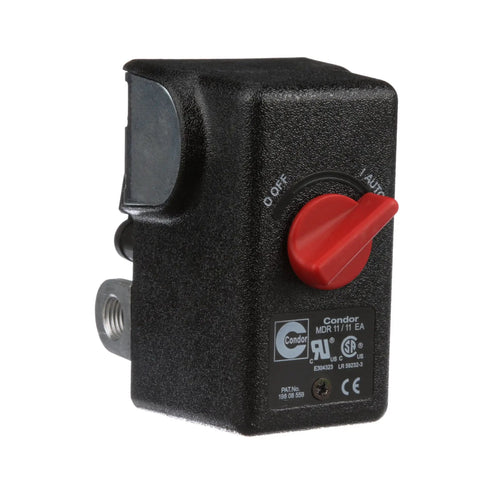 Air Compressor Pressure Switch 125 to 155 PSI Auto On Off Unloader EV WSi with red control knob and black housing