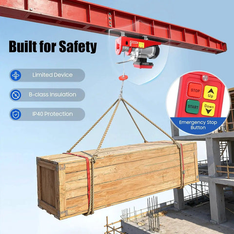 Shop Certified Electric Hoist With Wireless Remote And Twelve Meter Steel Rope 600kg Motorized Winch lifting a wooden crate with a remote.