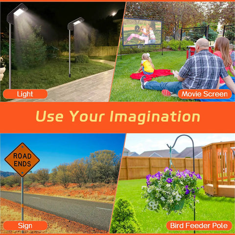 Collage showing outdoor lighting, movie screen, road sign, and bird feeder showcasing versatile usage options.