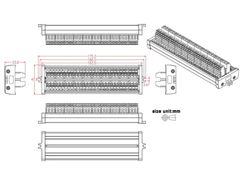 Technical drawing of Beefy Heavy Duty Screw Mount Terminal Block Distribution Module, 30 Position, 5.0mm Pitch, with dimensions