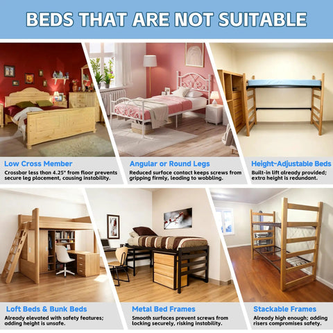 Adjustable Dorm Bed Risers Heavy Duty Steel Frame Built Different For Superb Stability Elevates Your Sleep Game With Ample Underbed Storage unsuitable beds collage showing examples.