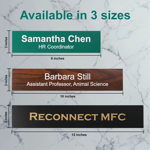 Three laser engraved personalized office name plates with wall and desk holder, showcasing color and size options, 2x8 inches.