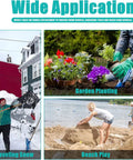 Image showcasing wide applications: shoveling snow, garden planting, beach play, using Red D Type Shovel Grip Handle With 1.25 Inch Inner Diameter PVC Replacement Non Slip Textured Labor Saving Grip For Snow Shovels Pitchfork Raking Tools.