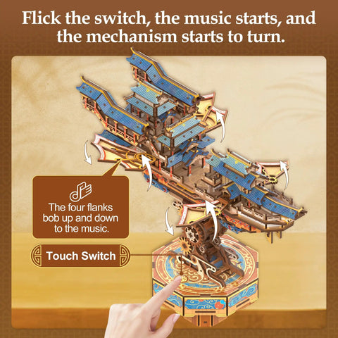 3D Wooden Puzzle Kit For Adults With DIY Japanese Ship Model And Music showing moving wings on interactive base.