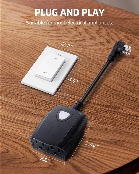 Outdoor Wireless Remote Control Dual 3 Prong Outlet Weatherproof Power Strip With Wall Mount And Handheld Switch Expandable Indoor Outdoor Heavy Duty 15A 1875W 7 Inch Cord 100 Feet Range ETL Listed, 2-outlet plug and play unit