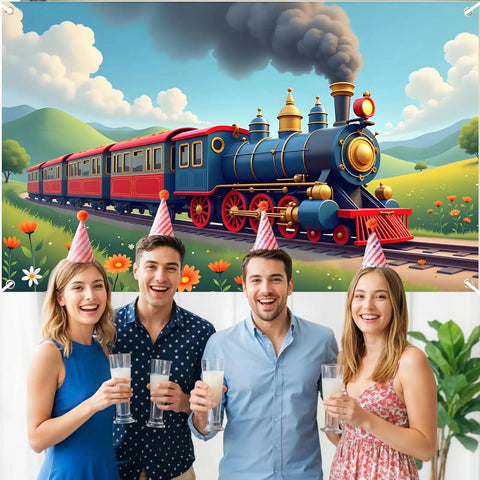 Group of friends celebrating in front of Epic Train Party Backdrop Banner Locomotive Theme Steam Train Decoration For Birthday Party Supplies.
