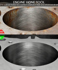 Engine Cylinder Hone Tool 4 1/8 Inch With 240 Grit Ball Brush showing cylinder before and after honing, highlighting crosshatch finish
