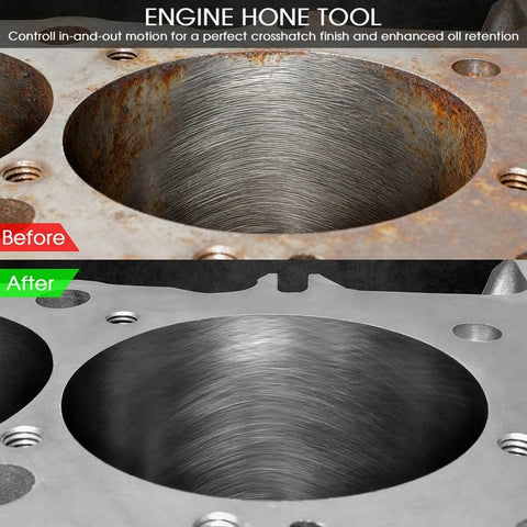 Engine Cylinder Hone Tool 4 1/8 Inch With 240 Grit Ball Brush showing cylinder before and after honing, highlighting crosshatch finish