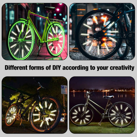 Different bikes with Reflective Spoke Covers 84 Pack For Bikes And Motorcycles illuminated at night, enhancing wheel visibility.