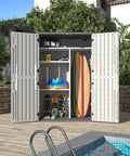 Outdoor Resin Storage Shed With Floor And Metal Shelving Kit 64 Cu Ft Waterproof Vertical Cabinet For Garage Pool Bikes Garden Tools And Patio Furniture Four Door Design White No Fuss Easy Access with open doors showing pool gear and surfboard