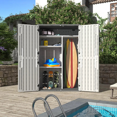 Outdoor Resin Storage Shed With Floor And Metal Shelving Kit 64 Cu Ft Waterproof Vertical Cabinet For Garage Pool Bikes Garden Tools And Patio Furniture Four Door Design White No Fuss Easy Access with open doors showing pool gear and surfboard