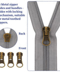 Metal Zipper Repair Kit Size 5 Replacement Zipper Pulls And Lockable Sliders With Top And Bottom Stops For Clothing, Jackets, Coats