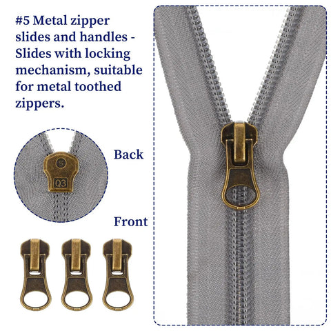 Metal Zipper Repair Kit Size 5 Replacement Zipper Pulls And Lockable Sliders With Top And Bottom Stops For Clothing, Jackets, Coats