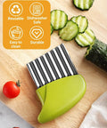 Crinkle cutter with stainless steel wavy blades and green handle for slicing potatoes and vegetables.
