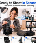Wireless Hd Video Transmitter And Receiver System Featuring Fanless Silent Recording For Smooth Vlogging Interviews And Live Events Delivers No Sweat Setup With Big Gig Image Clarity. Woman connecting wireless kit to camera.