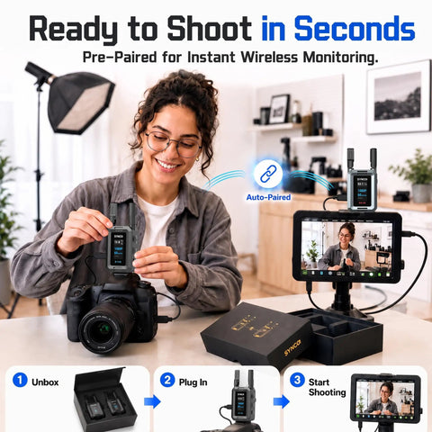 Wireless Hd Video Transmitter And Receiver System Featuring Fanless Silent Recording For Smooth Vlogging Interviews And Live Events Delivers No Sweat Setup With Big Gig Image Clarity. Woman connecting wireless kit to camera.