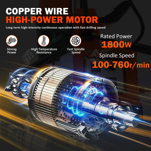 High detail view of 1800W copper wire motor for Heavy Duty 1800W Magnetic Drill Press With 2 Inch Boring Diameter.