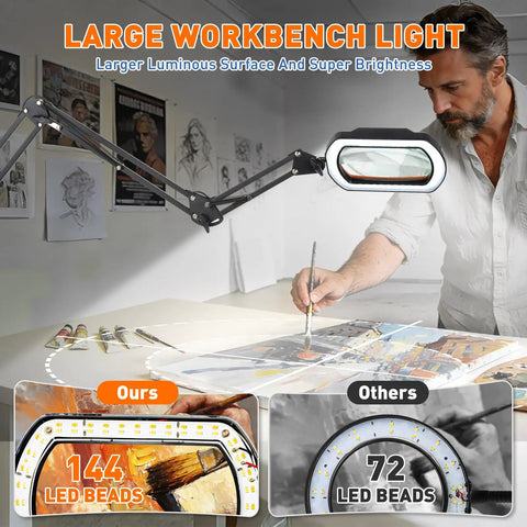 Man using 12X Square Magnifying Glass With Light And Clamp Handy Hands Free Stand Ultra Long 3 Section Arm LED Desk Lamp
