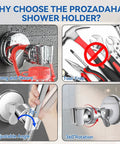 Adjustable Shower Head Holder With Strong Suction Cup Bracket For Handheld Shower No Tools Needed Easy Install Removable Wall Mount For Bathroom Silver Finish shown with features.