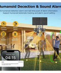 Heavy Duty 4G Solar PTZ Outdoor Security Camera shows humanoid detection and sound alarm features with tracking in outdoor setup.