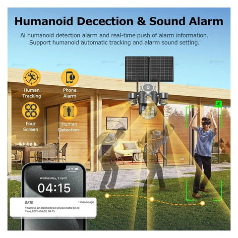 Heavy Duty 4G Solar PTZ Outdoor Security Camera shows humanoid detection and sound alarm features with tracking in outdoor setup.