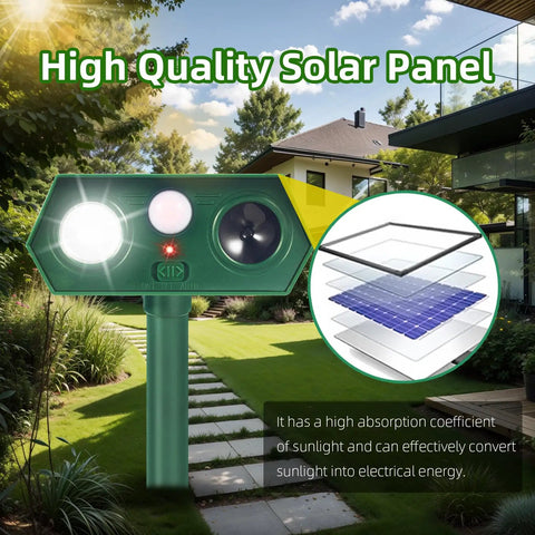 Solar Ultrasonic Animal Repellent Dual Action With Motion Sensor And Flashing Light Keeps Critters Like Squirrels Raccoons And Rabbits Out Of Your Yard And Garden Outdoor 2 Pack solar panel detail