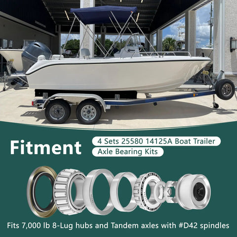Heavy Duty Four Pack 7,000 Lb Boat Trailer Axle Bearings Kit With Double Lip Grease Seals 25580 14125A Includes Inner And Outer Bearings And Races