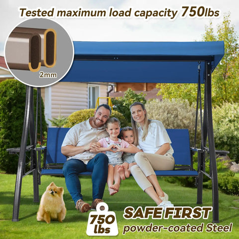 Family sitting on three seat patio swing with Textilene backrest, blue square tube frame, in a garden setting with canopy.