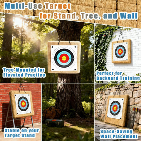 20 Inch Straw Archery Target With Handle Backyard Practice Kit displayed on tree, wall, and stand for versatile practice locations.