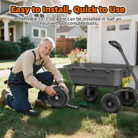 Man installing Flat Free 4.10/3.50-4 Solid Tire Wheel Kit on Gorilla Cart in garden setting