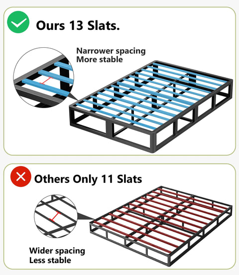 Heavy Duty King Size Box Spring Foundation With 5 Inch Low Profile Design And Beefy Steel Framework Supporting Up To 3500 Pounds, image comparing slat designs.