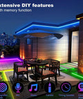 Outdoor patio with 100ft IP65 Waterproof LED Strip Lights for outdoor and indoor use WiFi smart RGB color changing lights.